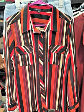 Notations Striped Button Down Shirt in Black & Red Size Large